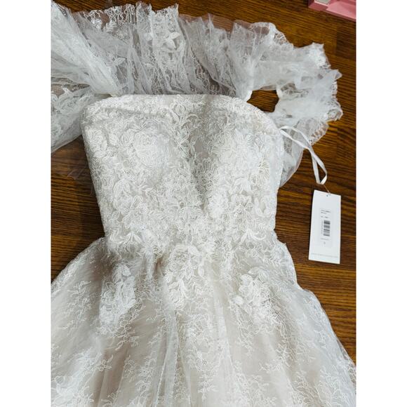 Theia Imelda off-the-shoulder embellished Chantilly Ivory lace bridal gown sz O - Picture 7 of 16